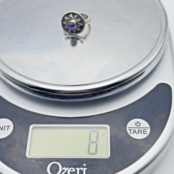 Vintage Sterling Silver 925 Amethyst Ring Sun Celestial Signed LM Boho Size 6.75 - Picture 7 of 8